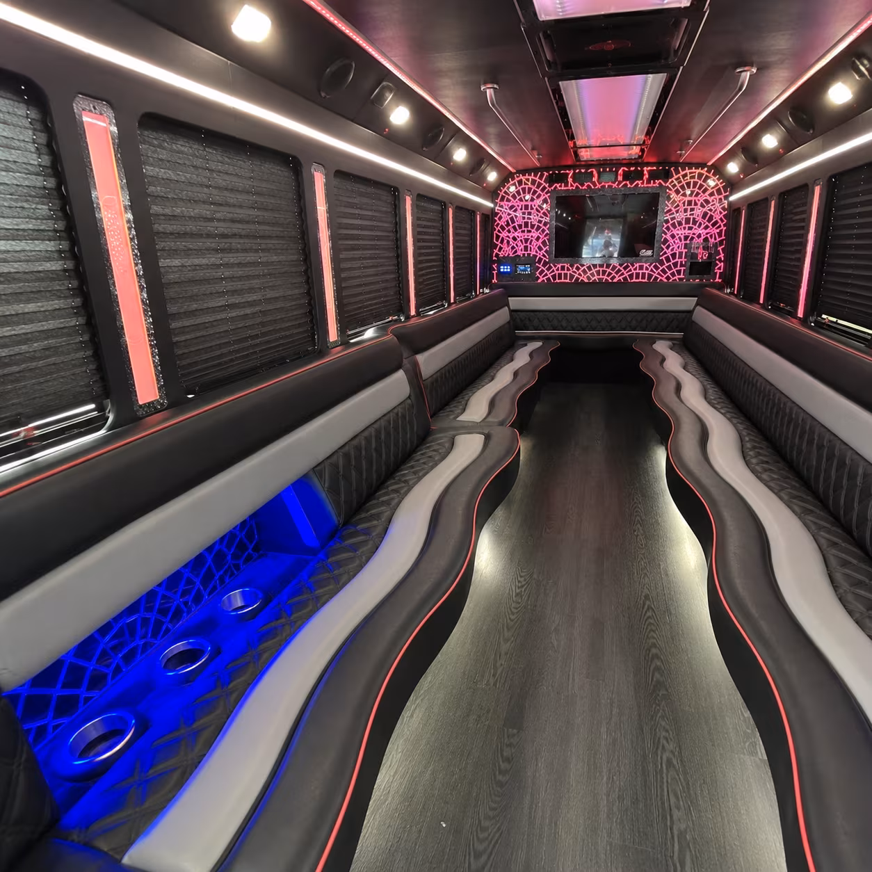 Passenger seating aboard a party bus rental serving Corona